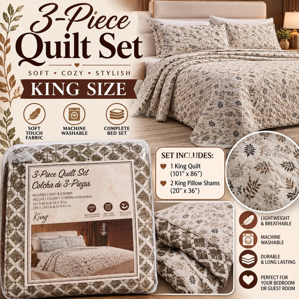 King 3-Piece Quilt Set – Cream & Taupe Botanical Print – Quilt + 2 Shams – New